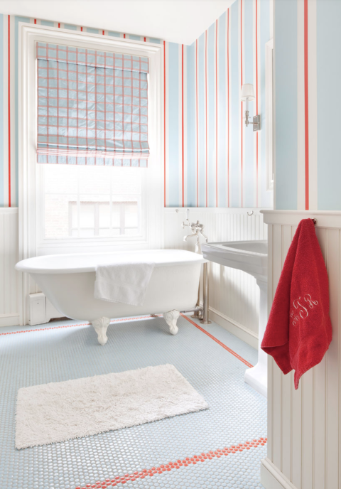 Red and Blue Patterned Bathroom